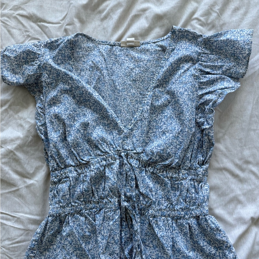 Floral Blue Dress with Ruffle Sleeves